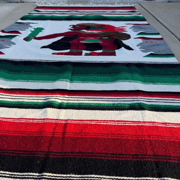 Vintage Mexican Aztec Warrior Woven Wool Serape Rug Tapestry Blanket 82x44 - Picture 4 of 11